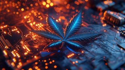 Wall Mural - glowing blue cannabis leaf on illuminated circuit board.