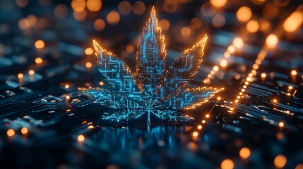 Wall Mural - Glowing cannabis leaf on circuit board. (4)