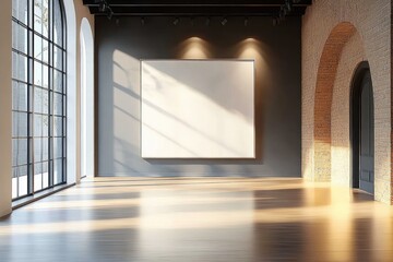Poster - Minimalist Modern Art Gallery Interior with Large Empty Canvas Framed on Dark Wall