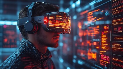 Man wearing VR headset, viewing digital data.