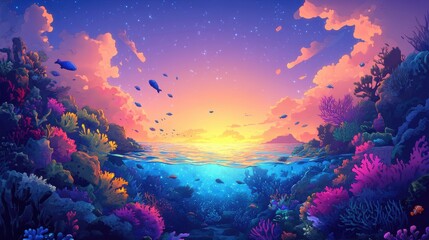 Sticker - Vibrant Coral Reef Sunset Ocean Scene With Fish