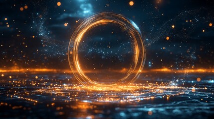 Wall Mural - glowing orange ring above a dark, sparkling surface.