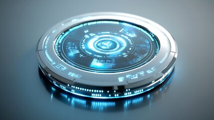 Wall Mural - Futuristic circular tech interface with glowing blue lights.