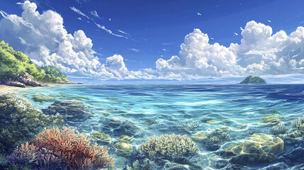 Sticker - scenic ocean view featuring vivid coral reef under bright sky