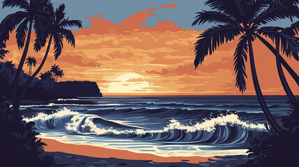 Sticker - serene seascape featuring tropical sunset with soft waves