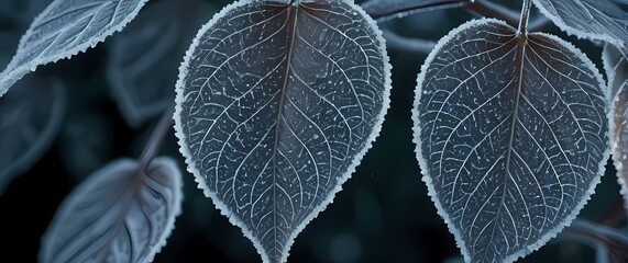 Wall Mural - Captivating closeup of frost patterns forming on leaves and windowsills during winter