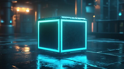 Wall Mural - glowing neon cube in futuristic setting.