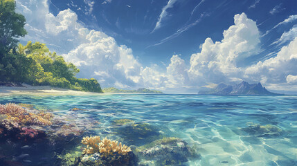 Sticker - tranquil tropical setting featuring vivid coral reefs and clear water