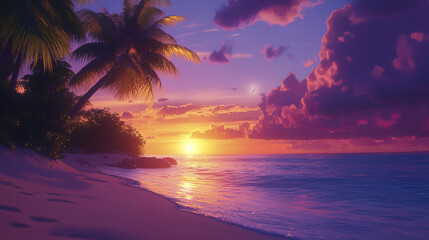 Sticker - tranquil tropical shoreline at sunset with calm ocean waves