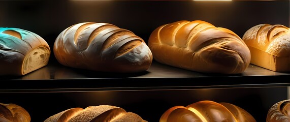 Wall Mural - Closeup of colorful bread loaves artfully arranged on a bakery shelf