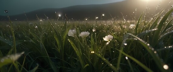 Wall Mural - Closeup of dewcovered grass in a chaotic flower field capturing beauty