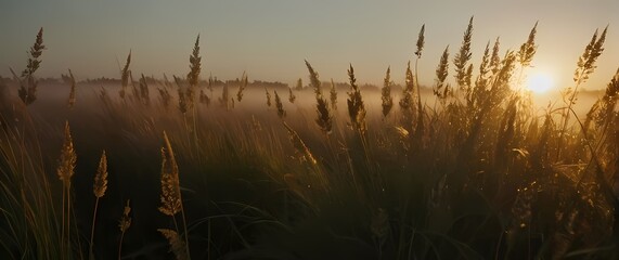 Wall Mural - Closeup of wild grasses backlit by the setting sun creating a magical glow