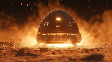 Wall Mural - Glowing spaceship landing on alien planet.