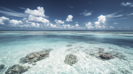 Sticker - Crystal clear turquoise water reflects clouds in serene ocean view