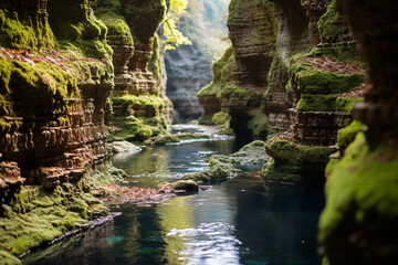 Wall Mural - realistics Illustrates connection between a gorge and its waterway, representing transformative power of water and distinct habitats that emerge alongside it