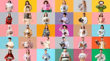 Wall Mural - Collage of different people with magazines on color background