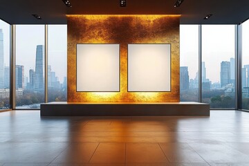 Poster - Minimalist Gallery Interior with Two Blank Canvases on Backlit Golden Wall and City View