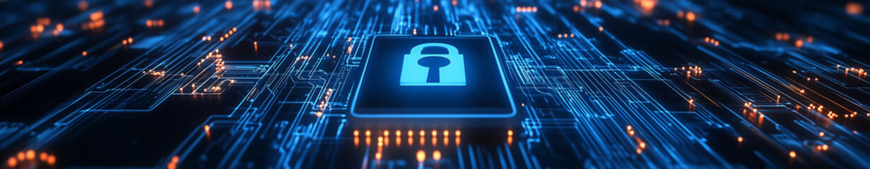 Cyber security lock symbol in a digital world banner