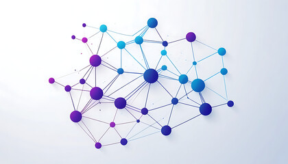 A minimalistic vector design of an AI neural network on a pure white background. Gradient blue-to-purple lines and dots form interlocking nodes, representing technology and connectivity.
