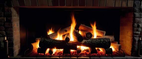 Lively crackles of firewood in a rustic fireplace creating warmth