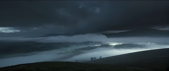 Wall Mural - misty landscape with rolling hills shrouded in clouds creating mystery