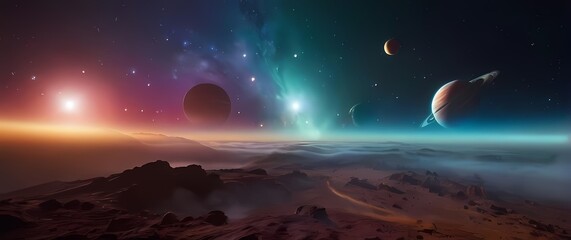 Wall Mural - picturesque displays of planets and stars set against vast colorful backgrounds