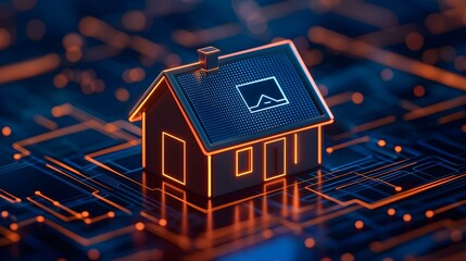 Digital House Illustration with Neon Circuitry Highlights, Futuristic Home Concept, Smart Technology, Modern Living, Virtual Architecture