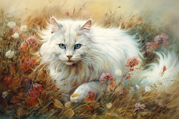 Wall Mural - white fluffy cat among the autumn grass.watercolor painting , 