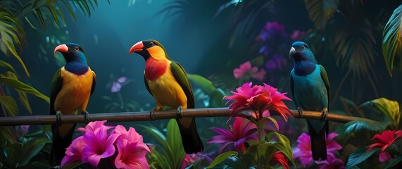 Wall Mural - Vibrant tropical birds perched among colorful flowers in a lush garden