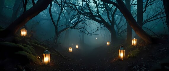 Wall Mural - whimsical decorations hanging from branches in a secluded forest nook