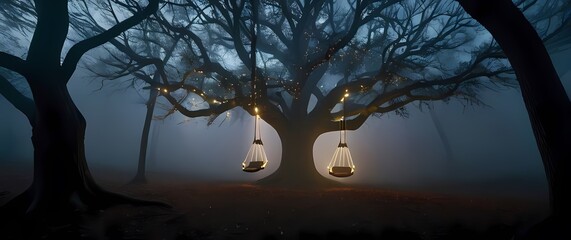 Wall Mural - whimsical tree swings hanging from thick branches inviting relaxation