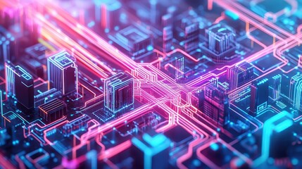 Poster - Electric cables weaving through a modern cityscape, glowing like veins, vibrant neon tones, urban tech illustration