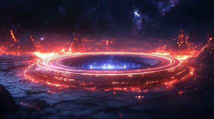 Wall Mural - futuristic ring structure on fiery alien planet.