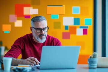 Poster - Focused Man in Bright Red Sweater Engaged with Laptop on a Cozy Desk Surrounded by Warm Lighting Creating a Productive and Inviting Atmosphere
