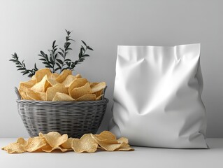 Wall Mural - A basket of chips beside a crumpled snack bag on a neutral background.