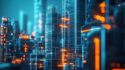 Fototapete - Vibrant Urban Cityscape Bathed in Striking Blue and Yellow Neon Lights Creating a Lively Nighttime Atmosphere Filled with Energy and Movement