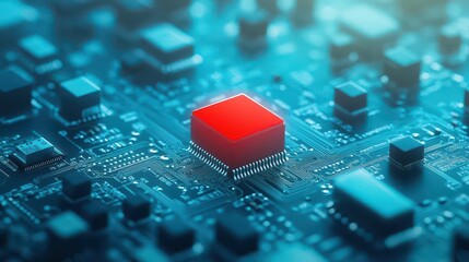 Fototapete - A Vibrant Red Cube Resting on a Complex Circuit Board Symbolizing Innovation and Technology with a Modern Aesthetic in a Futuristic Setting