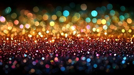 Canvas Print - Sparkling glitter bokeh lights background with colorful blurry circles and dark background.