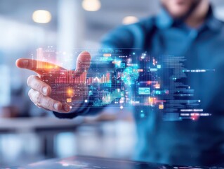 Aufkleber - Leader using augmented reality interface to present data, innovative growth visualization, futuristic workspace, dynamic holograms