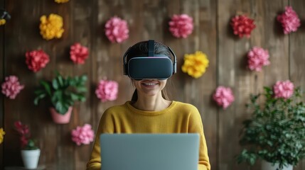 Aufkleber - Young Woman Immersed in Virtual Reality Experience with Headset on Engaging in Interactive Digital World Surrounded by Futuristic Elements and Colors