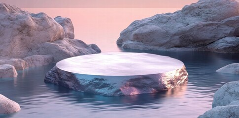 Aufkleber - A serene, reflective platform surrounded by rocks in a tranquil water setting.
