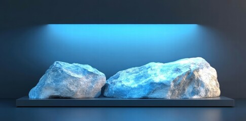 Poster - Two textured rocks illuminated by blue light on a display platform.