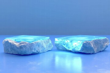 Aufkleber - Two glowing blue crystal-like blocks on a smooth surface.