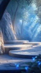 Wall Mural - a serene pathway in a misty forest, illuminated by soft rays of light.