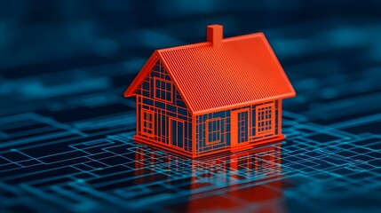 Red house model with blueprints in background showcasing modern architectural design and construction technology concepts