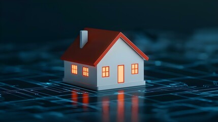 Miniature house with illuminated windows on a dark, futuristic technology background representing smart home concept