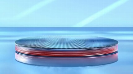 Aufkleber - A sleek, futuristic platform with a reflective surface against a blue background.