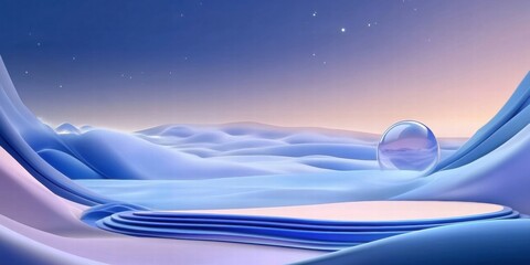 Aufkleber - A serene abstract landscape with soft curves, a reflective sphere, and a calming color palette.