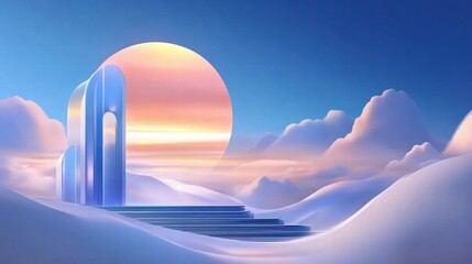 Aufkleber - A serene landscape featuring a stylized archway and a large sun setting behind soft clouds.
