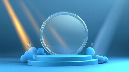 Poster - A minimalist blue stage with a circular mirror and soft lighting for presentations or displays.